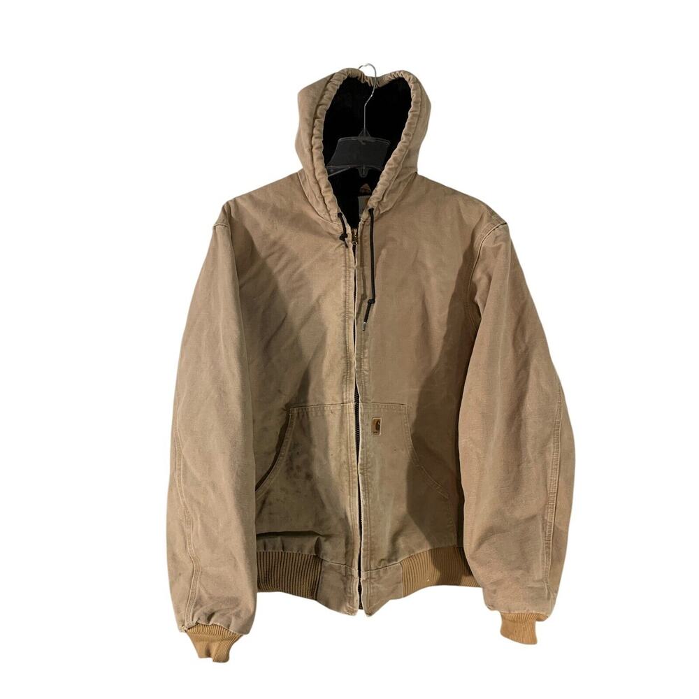 Vtg Mens L Carhartt Hooded Workwear Jacket Y2K Brown j130 Worn/Distressed